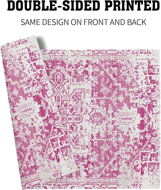 Gray Hot Pink Boho Placemats Set of 4 Ethnic Bohemian Carpet Place Mats Washable Kitchen Dining Vintage Grey Geography Floral Linen Table Mats Stain Heat-Resistant for Home Party Indoor 12x18 in