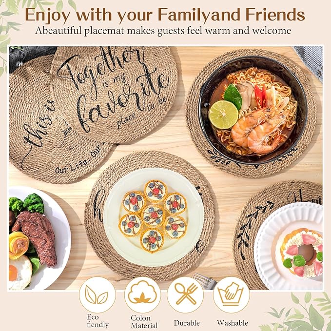 13 Inch Farmhouse Round Placemat Set of 6 Cotton Circle Cloth Placemats Boho Woven Table Place Mats for House Warming Gifts New Home Supplies(Rattan Color,Natural Rattan)