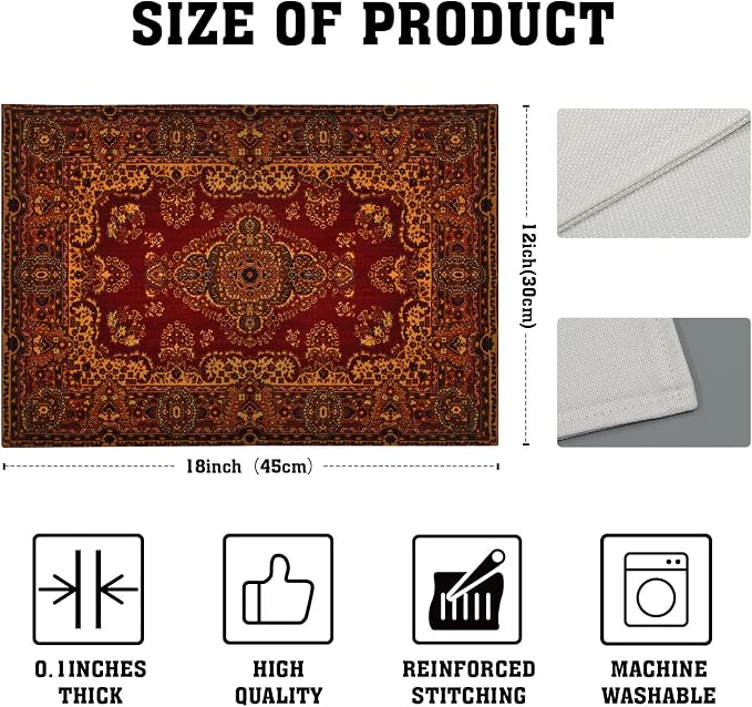 Red Gold Boho Placemats Set of 4 Bohemian Vintage Retro Rug Carpet Linen Washable Kitchen Dining Table Mats Stain Heat-Resistant Desktop Decor Place Mats for Home Party Indoor 12x18 in