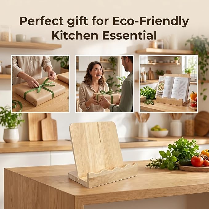 2-in-1 Wooden Cookbook Stand & Cutting Board, Maple Kitchen Decor | Type: Cookbook Stand + Removable Cutting Board | Material: Solid Maple Wood | Design: Scalloped Edge, Artistic Flair |
