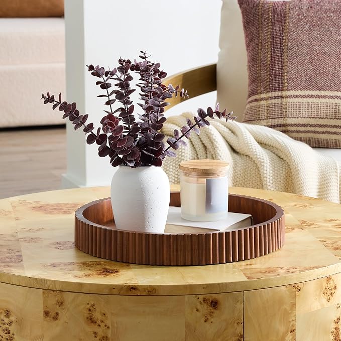 Ribbed Wood Decorative Tray, 16.5-Inch Round with Walnut Finish for Table Centerpieces