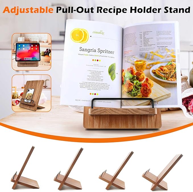 Cookbook Stand Recipe Book Holder: Recipe Cook Book Stand for Kitchen Counter, Wooden Adjustable iPad Tablet Cookbook Stand - Wood Cutting Board Style - Brown