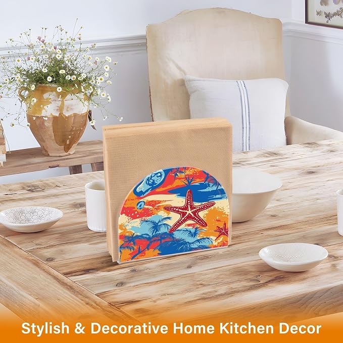 Napkin Holder Acrylic Napkin Holder for Table Kitchen Party Restaurant U Shaped Upright Napkin Dispenser Organizer Bright Summer Beach Starfish and Palm Tree