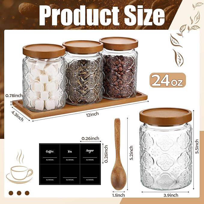3 Pcs Glass Coffee Container Set with Wooden Lid Spoon Shelf Labels 24 oz Vintage Clear Sugar Tea Bean Jar Food Condiment Spice Storage Canisters Holder Set for Bar(Begonia)