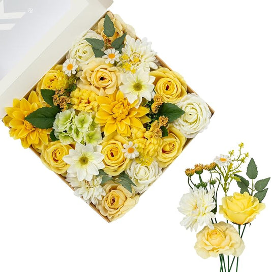 FANKO Artificial Flowers for DIY, Yellow Faux Flowers Bouquet, Fake Rose Dahlia Daisy Cosmos Silk Flowers for Vase, Home Decor, Garlands, Garden Wedding, Party, Birthdays