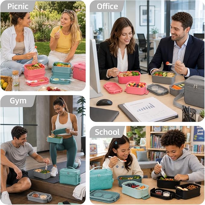 Bento Box adults Lunch Box - 2130ml Lunch Box Containers with Insulated Lunch Bag, Utensils & Sauce Container, Leak Proof Bento Box for Men Women, Reusable Plastic Lunchbox for Work, Meal Prep, Grey