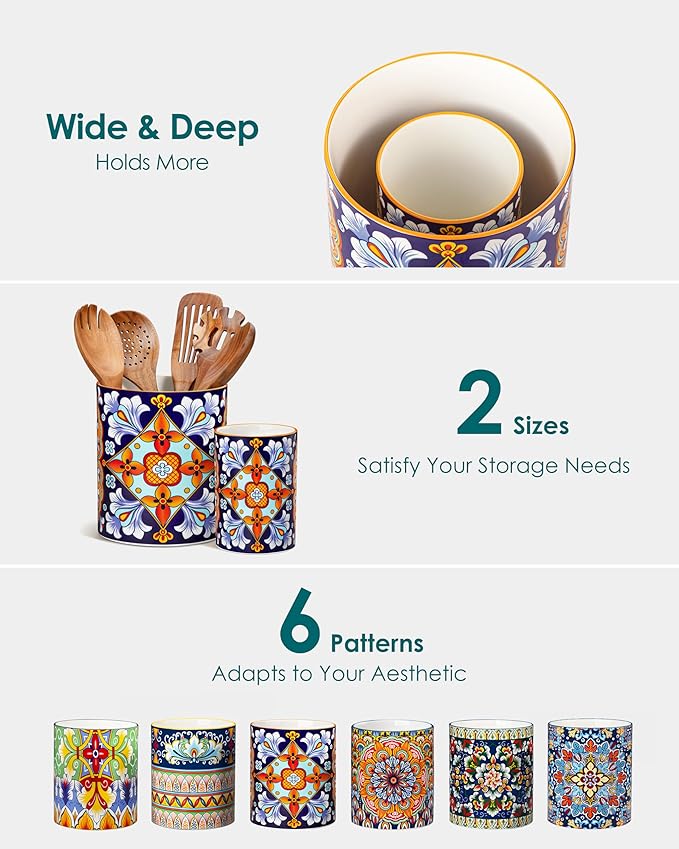 vancasso SIMI Utensil Holder, 7.3"+5.5" Porcelain Kitchen Utensil Holder for Countertop, Bohemian Kitchen Utensil Organizer for Spatulas, Spoons, Decorative Counter Utensil Crock, Amber Elegance
