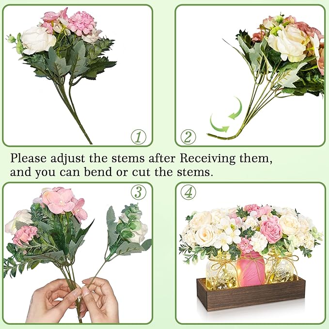BLEUM CADE Centerpiece Table Decorations - Mason Jar Lights Centerpiece for Kitchen Dining Table Farmhouse Coffee Table Wedding Home Decor with 3 Jars Roses Artificial Flowers & Wood Tray