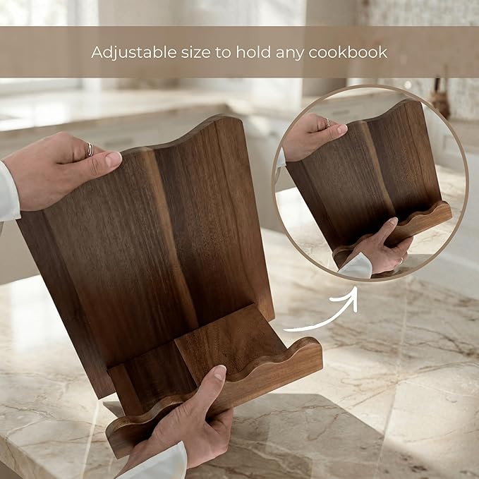 Beautiful Wooden Cookbook Stand for Your Kitchen Counter – Solid Wood Scalloped Book Holder Keeps Cookbooks & Tablets Open, Stable 2-Piece Slot Design, Easy-Clean, Perfect for Everyday Cooking