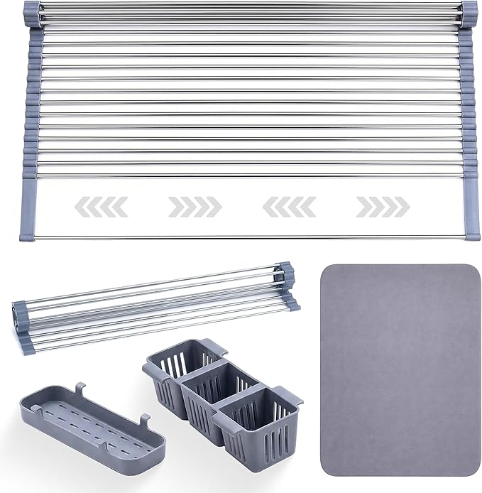 Havenity™ Expandable Roll Up Dish Drying Rack with Drying Mat - Adjustable Up to 22.75" with 2 Free Attachments & 2 Removable Baskets, 304 Stainless Steel Over The Sink Dish Drying Rack Cover Kitchen