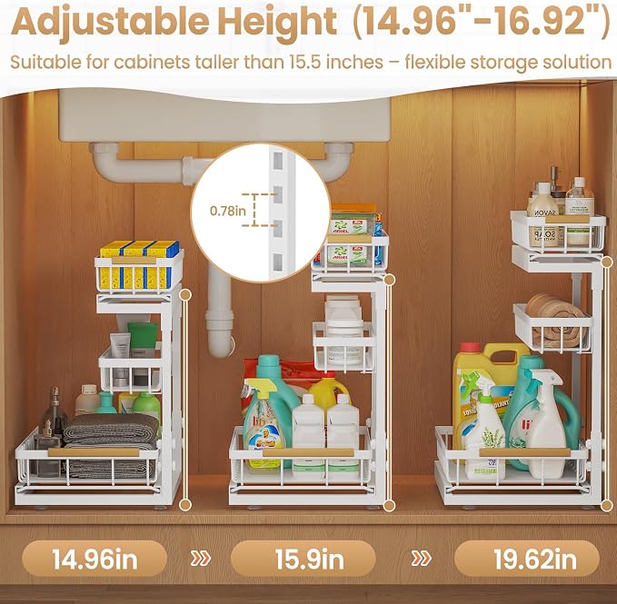 Under Sink Organizer and Storage for Bathroom and Kitchen - 2 Pack 3 Tier Under Cabinet Pull Out Shelf Organizers - Slide Out Drawer Organization for Home Cabinets Shelves and Drawers