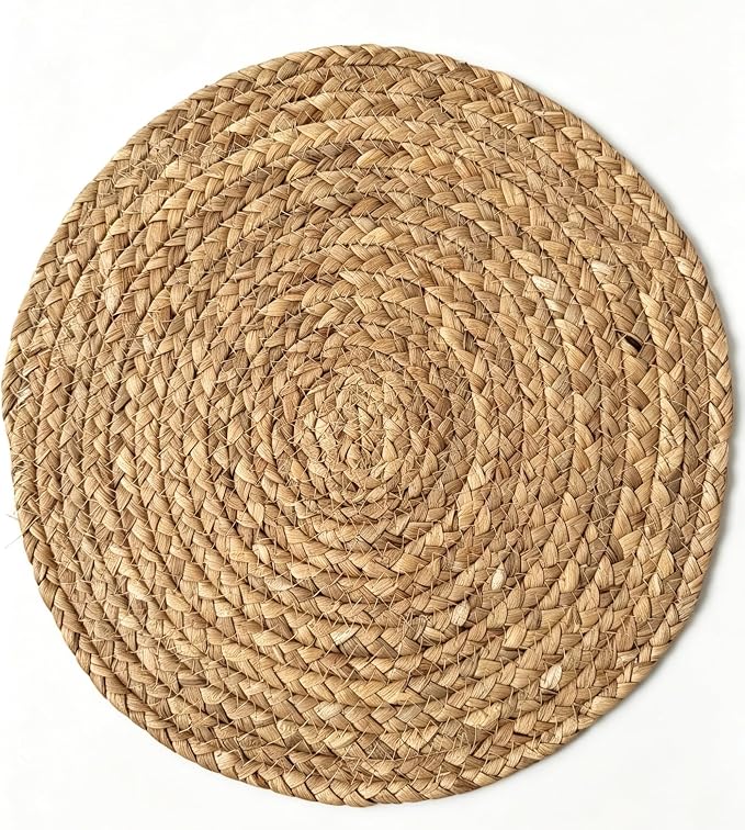 UNZTMH®13.5 Inch Round Braided Placemats Set of 6 | Natural Water Hyacinth, Rattan & Jute Woven Mats | Heat Resistant Non-Slip for Kitchen, Dining, Party & Holiday Decor
