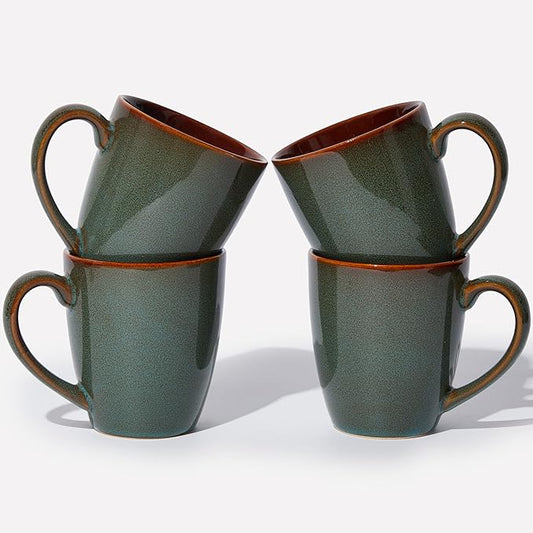 Pokini Coffee Mug 14 oz, Ceramic Coffee Mugs Set of 4, Reactive Glaze Mug for Latte/Tea/Cappuccino, Large Stackable Mug Set for Men, Women, Dad, Mom, Dishwasher & Microwave Safe, Brown Green