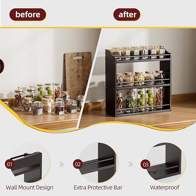 STELLSTAR 3 Tier Bamboo Wood Spice Rack, Seasoning Bottles Jars Organizer Shelf for Spices or Craft Supplies, Kitchen Counter or Wall Mounting (Brown)
