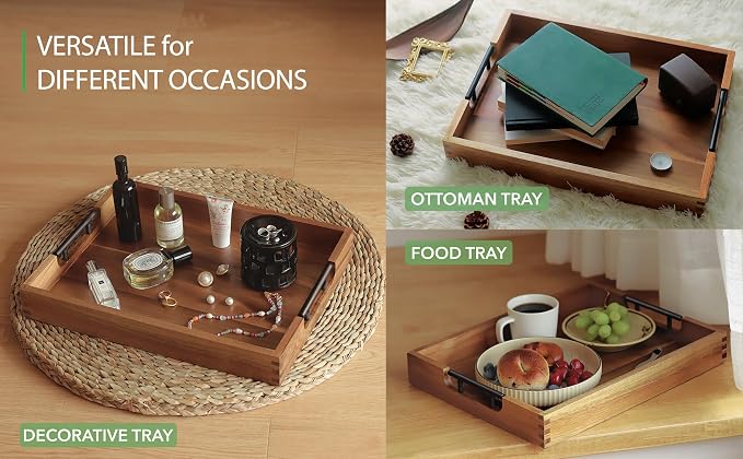 Joy&Grace Ottoman Tray for Living Room, Large Acacia Wooden Serving Tray with Handles for Coffee Table, Breakfast in Bed, Food Dinner, Decorative Tray (Color Natural, 16.7" x 12.8" x 2")