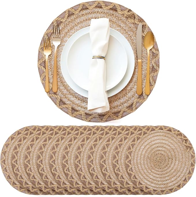 12 Set 15 Inch Round Burlap Placemat Openwork Boho Jute Woven Charger Rustic Vintage Natural Brown Heat Resistant Dining Table Mat for Wedding Farmhouse Craft Home Summer Birthday Party Decor