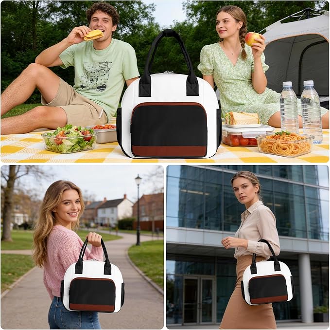 Stylish Color-blocked Lunch Bag for Women, Leakproof Lunch Box for Adult Girls, Large Capacity Reusable Lunch Box for Work Picnic Travel (Black with Off White with Brown)