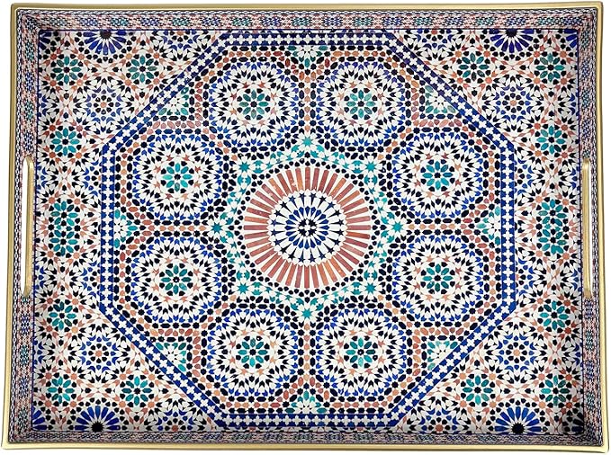 Plastic Coffee Trays,Serving Tray,Bohemian Blue Tray,15.7" L x 11.8" W x 1.57" H,Lightweight and Non-Slip with Handles,Perfect for Restaurants,Cafés,and Home Use(Rectangle Bohemian Blue)