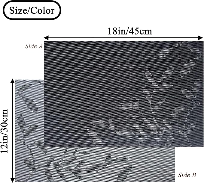 Leaf Placemats Set of 8 Non-Slip Heat-Resistant Vinyl Washable Place Mats for Kitchen Table Indoor Outdoor Durable (18"x12", Black)