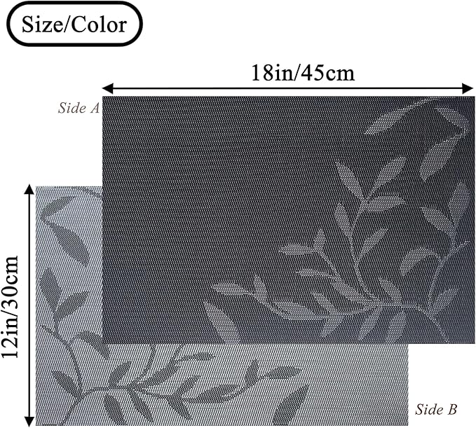 Leaf Placemats Set of 6 Non-Slip Heat-Resistant Vinyl Washable Place Mats for Kitchen Table Indoor Outdoor Durable (18"x12", Black)