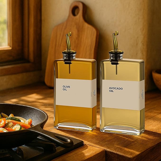 Spaceneat Olive Oil Dispenser Bottle - Includes 44 Kitchen Essential Labels - Cooking Oil Bottles for Kitchen, Coffee Syrup Dispenser - Pourer Spout with 11.8 fl oz Glass Container Cruet - 2pcs, Gold