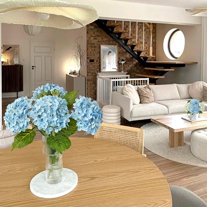 JINWOE 4Pcs Hydrangea Artificial Flowers, 20" Lifelike Latex Silk Real Touch Faux Hydrangea Flowers, Artificial Hydrangeas Bouquet for Wedding Centerpieces Tables Party Home (Sky Blue)