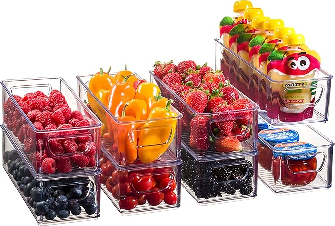 Set Of 8 Refrigerator Organizer Bins - Stackable Fridge Organizers with Cutout Handles for Pantry, Freezer, Kitchen, Countertops, Cabinets - Clear Plastic Food Storage Bins