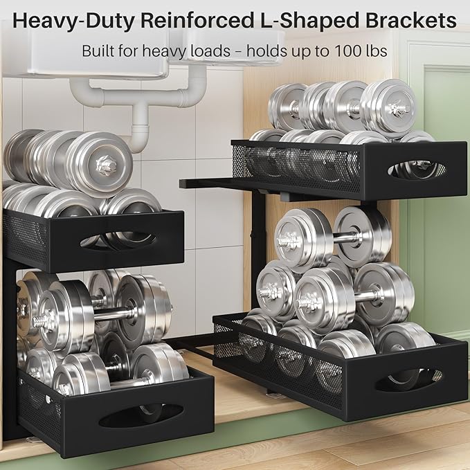 Under Sink Organizer, 2 Pack 2 Tier Pull out Cabinet Organizer Baskets with Mesh Sliding Drawers, Slide out Sink Storage Shelves for Home, Kitchen, Bathroom, Pantry, Office Organizers and Storag,Black