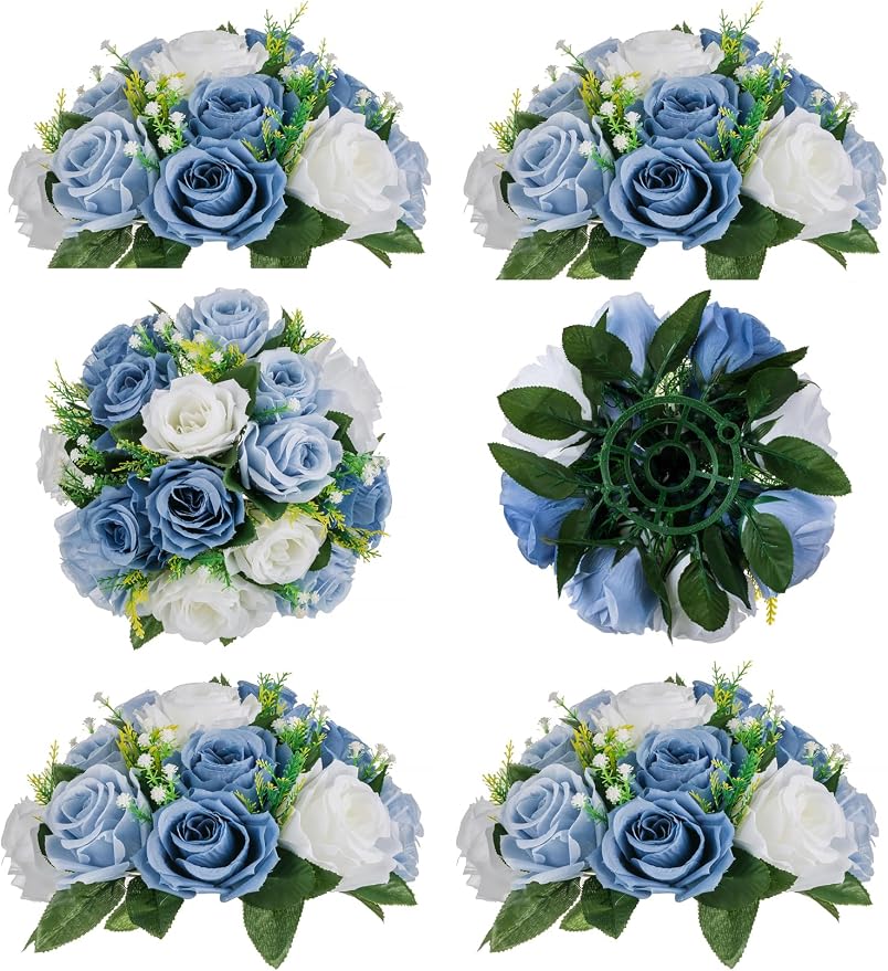 BLOSMON Flower Ball Centerpieces for Table 6 Pcs Fake Rose Centerpiece Flowers Dusty Blue Artificial Silk Floral Arrangement Center Piece Kissing Bouquet for Wedding Party Home Decor