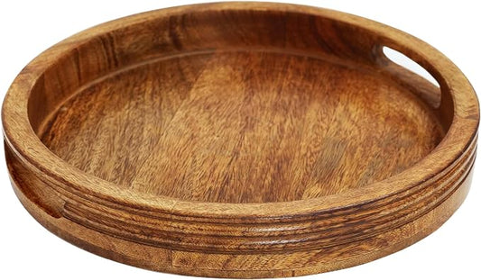 Croft&Cane Solid Wood Round Serving Tray – Hand Carved 12.5 inches Round Mango Wood Decorative Ottoman Tray with Built-In Handles - Ribbed Carving - Rustic Farmhouse Coffee Table Tray - Natural Finish