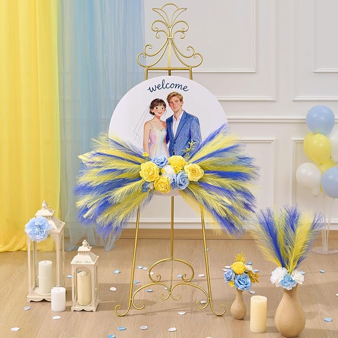 Serwalin 60 PCS Pampas Grass, 17.7" Pampas Grass Decor, Artificial Pampas Grass Bulk Vase Filler Flower Arrangement for Wall Decor Home Wedding Party Decor, Lemon Yellow