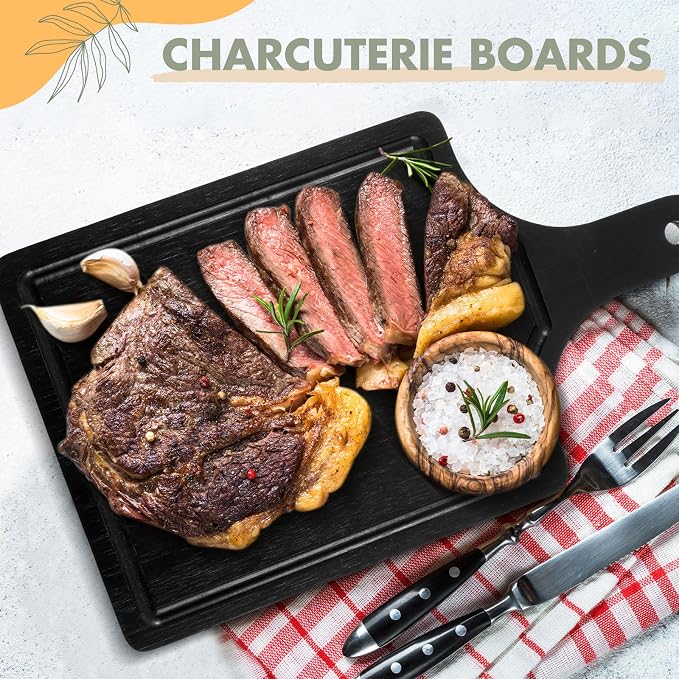 Geetery 3 Packs 12 Inch Black Wood Chopping Boards with Handle and Deep Juice Groove Small Bamboo Wooden Pizza Paddle Serving Boards Tray Charcuterie Plank Chopping for Cheese Steak Bread