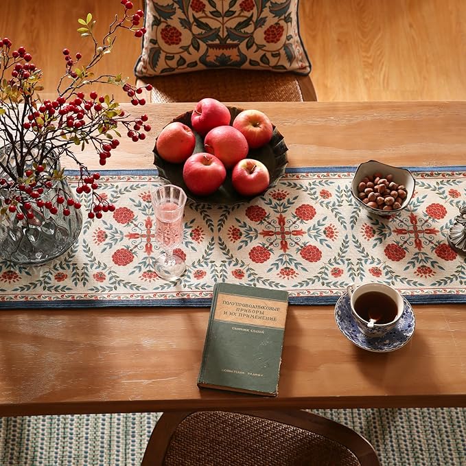 patdrea Designer Vintage Bright Farmhouse Extra Long Linen Table Runner 118 Inch Long, Maroon Floral Pattern Table Mat, Decor for Kitchen Dining Coffee Table Cabinet Banquet Christmas ,12"*118"