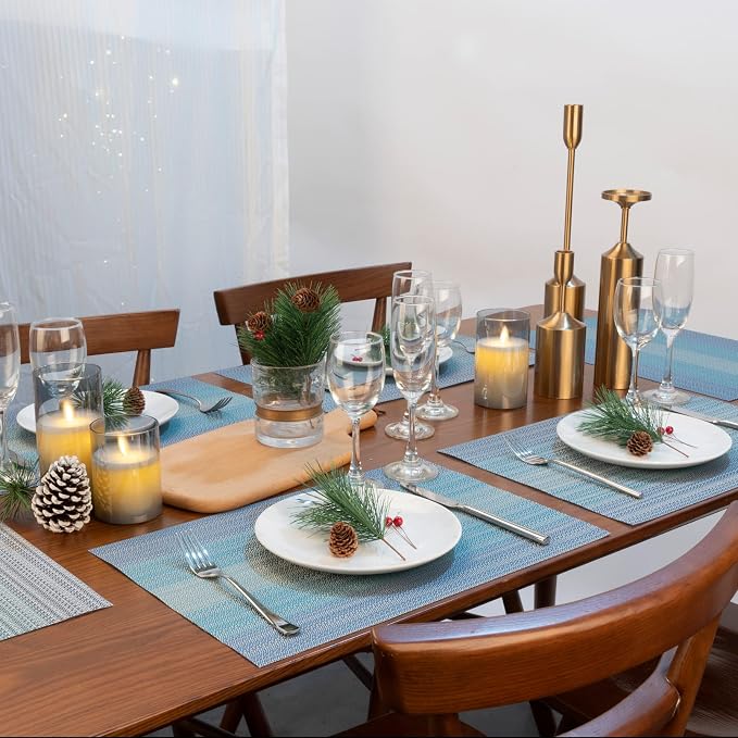 Winknowl Placemats Set of 4, Washable Vinyl Woven Placemats, Heat Resistant & Wipeable Table Mats for Kitchen Dining Table (Blue)