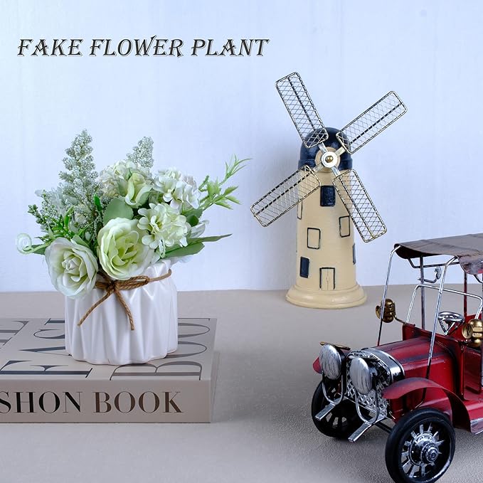 Artificial Potted Flowers, Small Ceramic Vase Fake Flower Plants Desktop Decoration Indoor for Home and Office, Faux Flowers Hydrangea Decora for Table,Bookshelf,Bedroom,Living Room,Party.(Green)