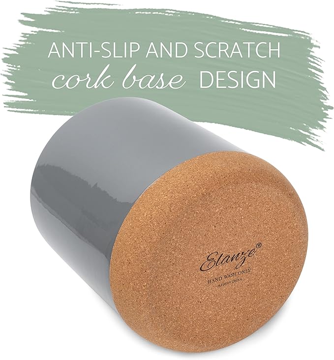 Elanze Designs Glossy X-Large Ceramic Stoneware Cork Bottom Kitchen Utensil Holder, Grey