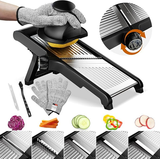 Adjustable Mandoline Slicer Mandoline Slicer for Kitchen with Cut-Resistant Gloves,Potato Slicer, Vegetable Slicer, Mandoline French Fry Cutter Stainless Steel Vegetable Chopper
