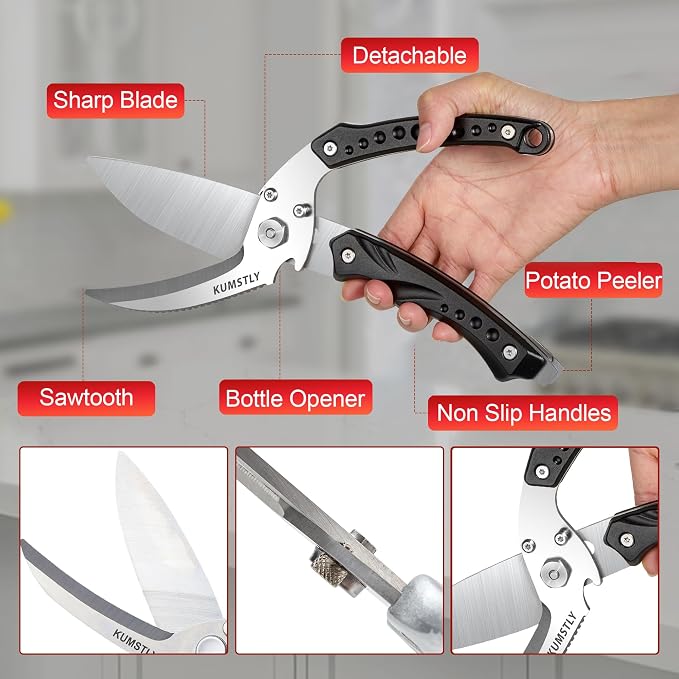 Kitchen Scissors All Purpose Kitchen Shears Heavy Duty for Cutting Chicken, Turkey, Meat, Bones, Vegetables Stainless Steel Spatchcock Shears Multipurpose Food Scissors (Black)