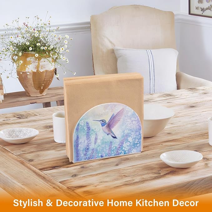 Fustylead Hummingbird with Purple Lavender Flowers Napkin Holder for Table Acrylic Cocktail Napkin Holders Small Decorative Napkin Dispenser for Home Party Dining Kitchen Accessories, 2 Pack