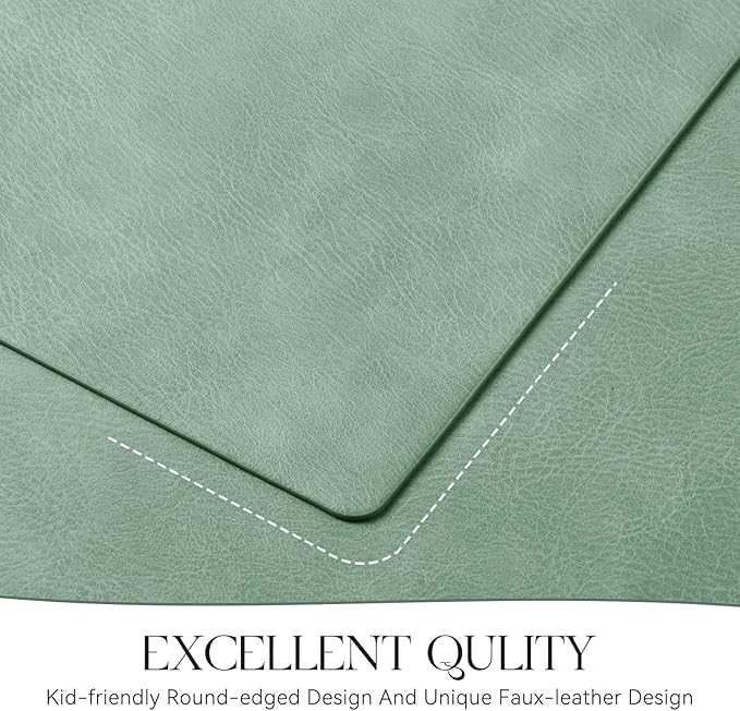 MOSAYT Vinyl Placemats Set of 6-12 X 17 Inch - Faux Leather 100% Waterproof Oil-Proof Wipeable PU Place Mats, Heat Resistant Reversible Table Mats for Kitchen, Dining, Outdoor, Green