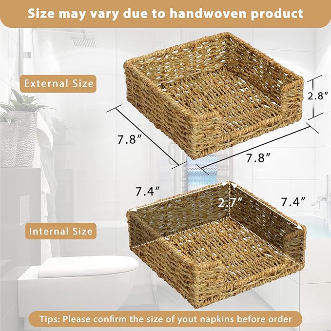Graciadeco Ratten Napkin Holder for Table, Square Seagrass Serving Tray for Paper Napkins Kitchen Restaurant Dinner Wicker Baskets 7.8" x 7.8" x 2.8"