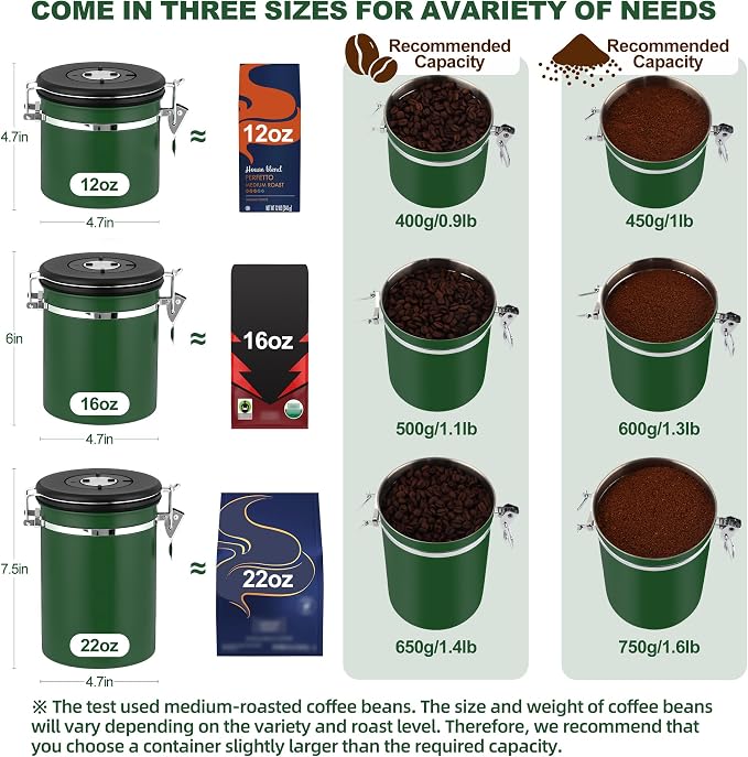 ShanSon Coffee Canister Airtight, Stainless Steel Bean Storage Container with Date Tracker & Scoop, Grounds Sugar Flour Tea Cereal Fits Kitchen Pantry, Ideal Gift for Coffee Lovers,16oz, Dark Green