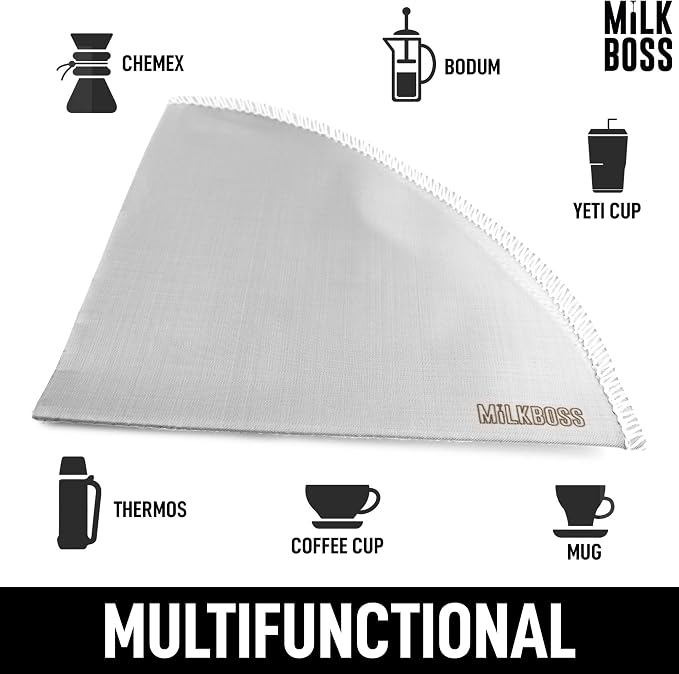 Milk Boss Pour Over Coffee Filter - Permanent Paperless Stainless Steel Reusable Coffee Filter - Flexible Fine Mesh Coffee Filter Reusable For Hario, Chemex, Ovalware, and Other Carafes (Filter #1)