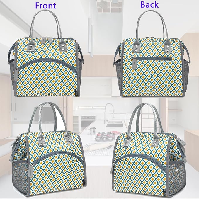 FlowFly Insulated Lunch Bag for Women, Men, Large and Reusable, Handle, Work and Travel Tote and Meal Prep Organizer, Square