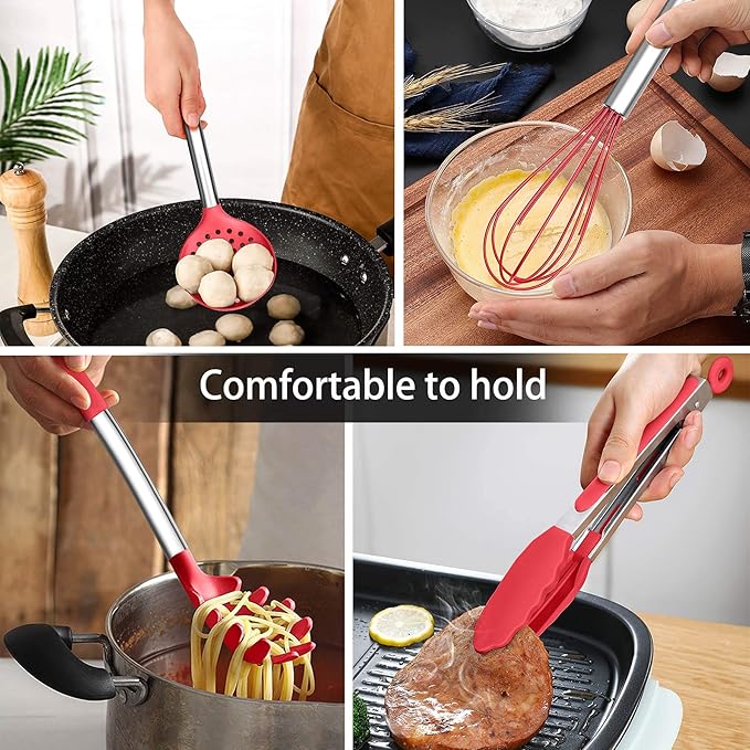 LIANYU 15-Piece Cooking Kitchen Utensils Set with Holder, Silicone Kitchen Tools Stainless Steel Handle, Slotted Spatula Spoon Turner Tong Whisk Brush for Cooking, Red