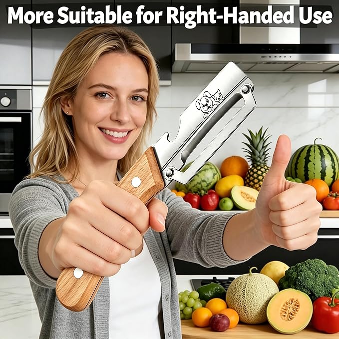 TEEVEA Multifunctional Vegetable Peeler, Zero Flex & Zero Snag, Stainless Steel with Wooden Handle, 2 in 1 Peeler with Bottle Opener for Fruit Potato Apple Carrot
