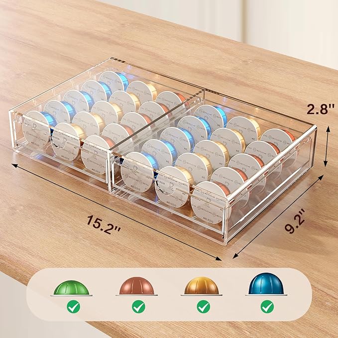 Compact Acrylic Coffee Pods Drawer Organizer Compatible with Nespresso Vertuo Pods, Easy to See Available Pods Options, Smooth Pull-Out, Holds 30 Capsules for Small Countertop