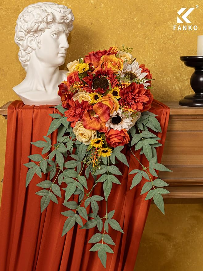 FANKO Artificial Flowers for DIY, Orange Yellow Brown Red Faux Flowers Bouquet, Fake Rose Sunflowers Dahlia Daisy Silk Flowers for Vase, Home Decor, Garland, Summer Wedding, Birthday, Party