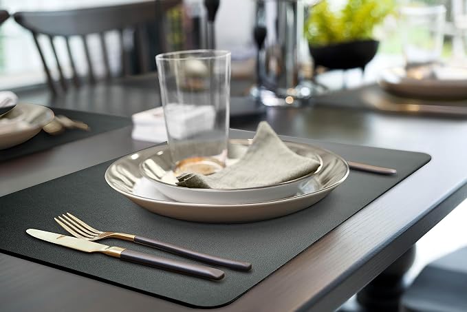 More Décor Faux Leather Placemats Set of 6 for Dining Table – Waterproof, Wipeable, Washable, Stain & Heat Resistant, Non-Slip Table Mats – 12 X 17 Inch (Solid Black, 6)