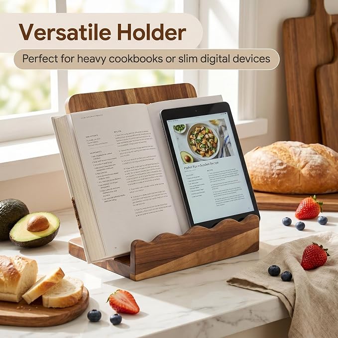Scalloped Acacia Wood Cookbook Stand, 2-in-1 Holder & Serving Tray | Material: Acacia Wood , Food-Safe | Design: Scalloped Edge, Folds Flat to 1.5" |cookbook stand for kitchen counter
